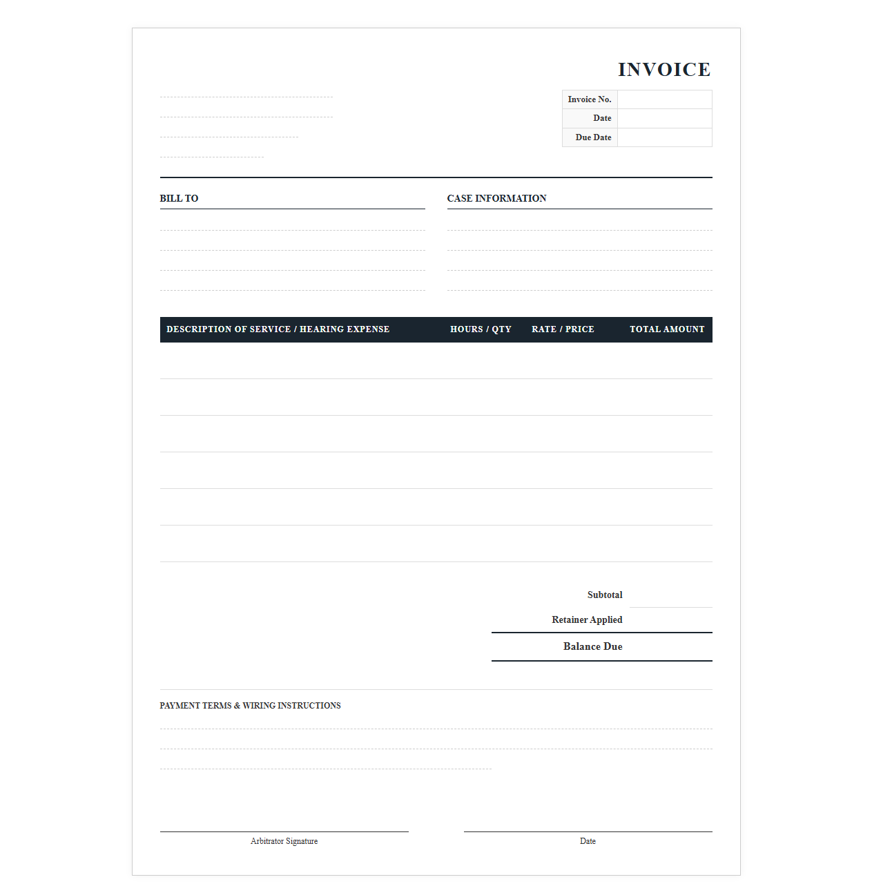 Arbitration Hearing Service Invoice Template