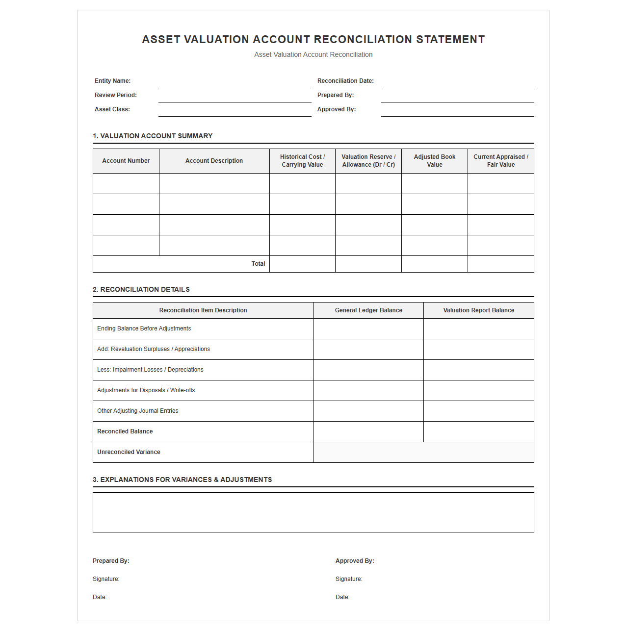 Asset Valuation Account Reconciliation Statement Template
