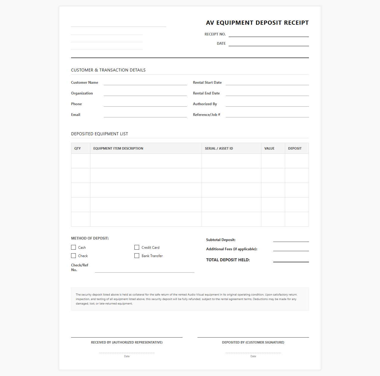 Audio Visual Equipment Deposit Receipt