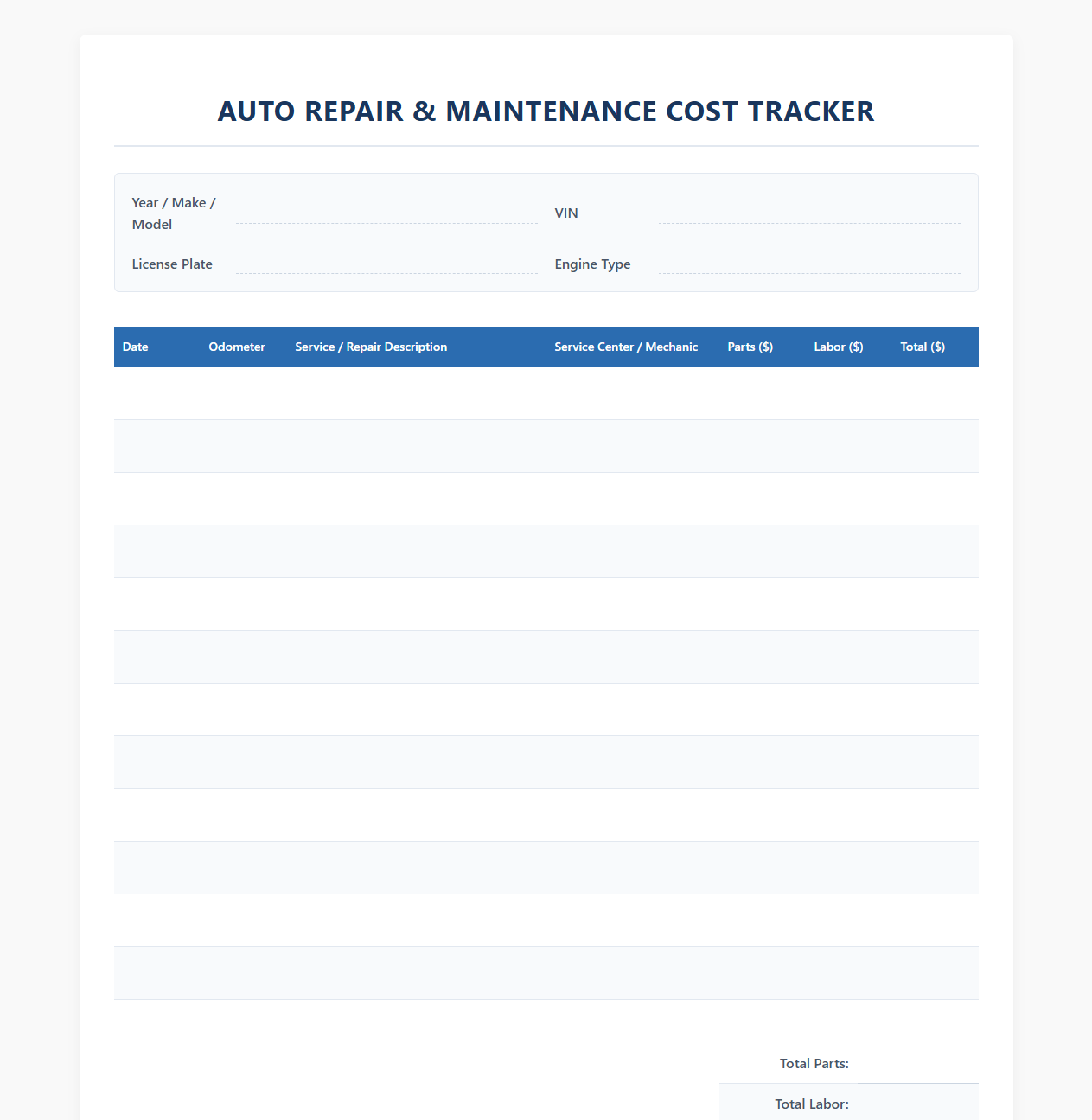 Auto Repair and Maintenance Cost Tracker