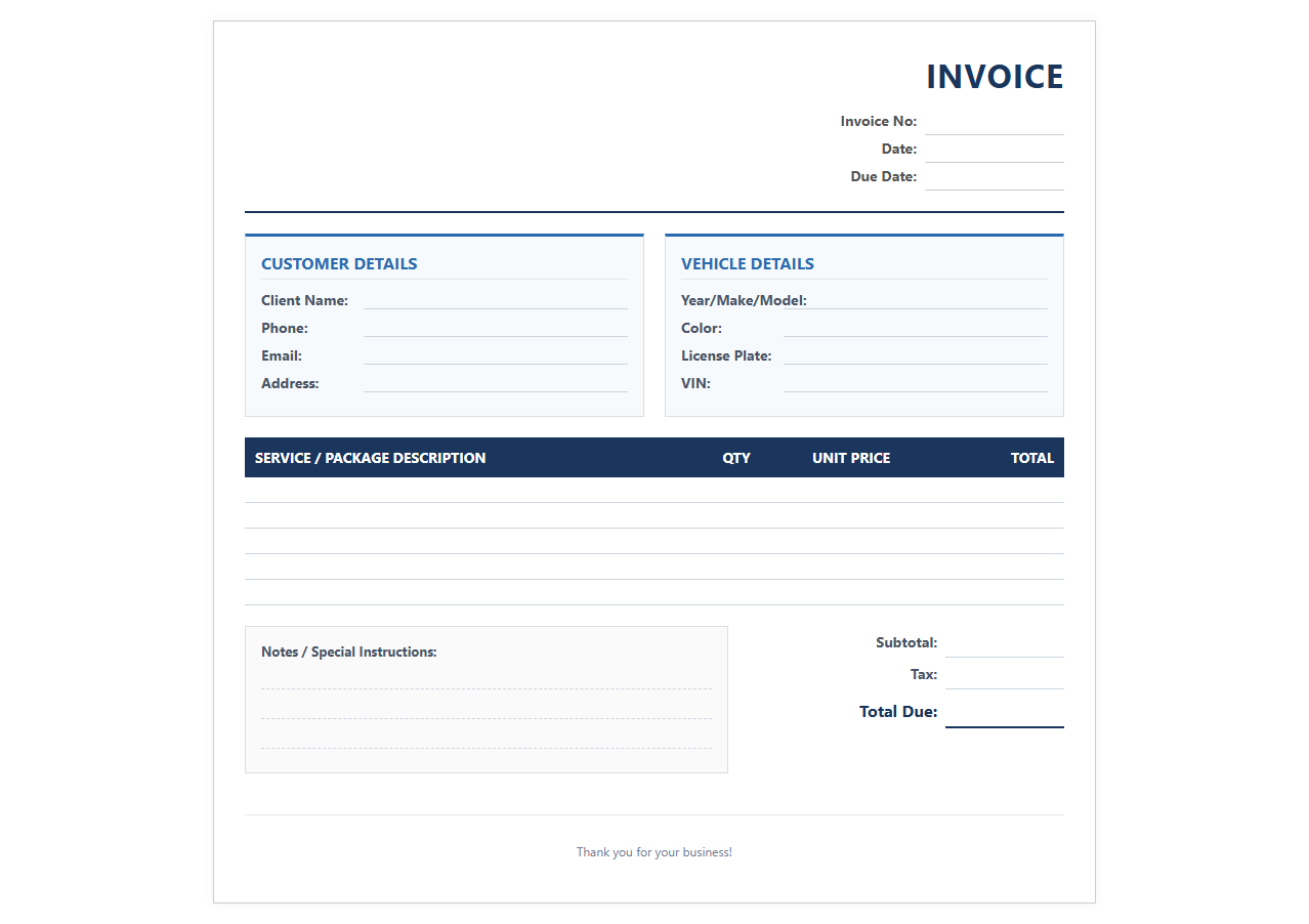Automotive Detailing Service Invoice Template