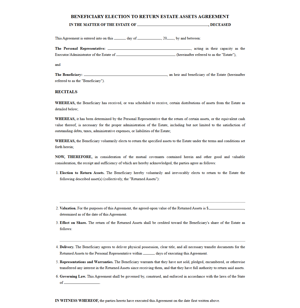 Beneficiary Election to Return Estate Assets Agreement