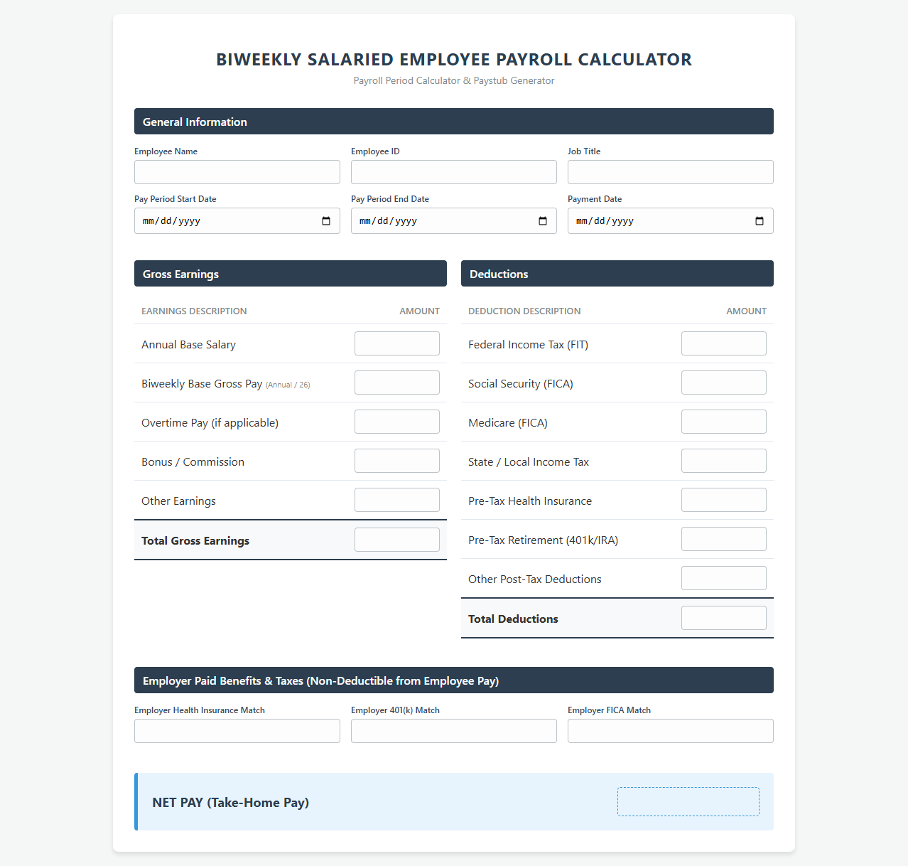 Biweekly Salaried Employee Payroll Calculator