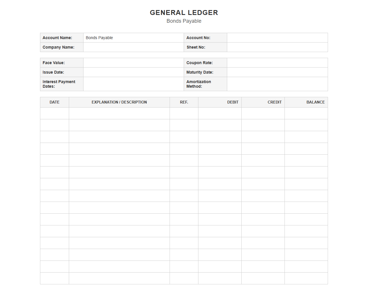 Bonds Payable General Ledger Template