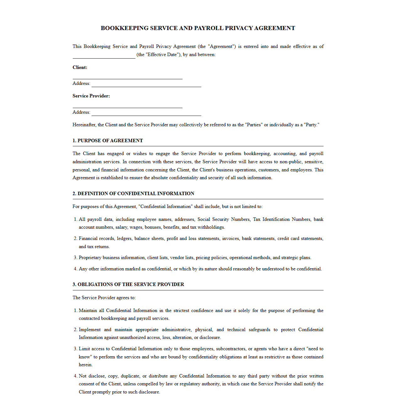 Bookkeeping Service and Payroll Privacy Agreement