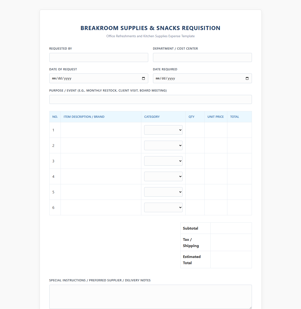 Breakroom Supplies and Snacks Requisition Form