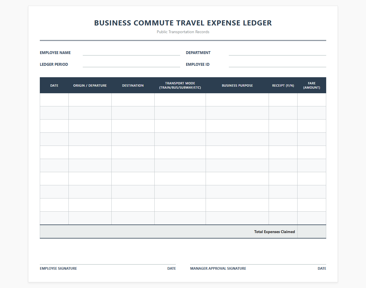 Business Commute Travel Expense Ledger