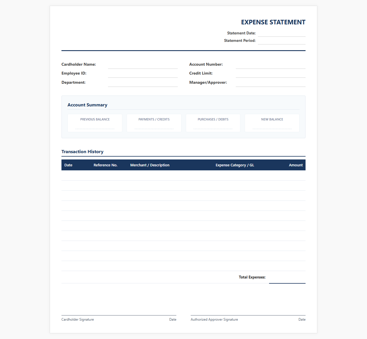Business Credit Card Expense Statement Template
