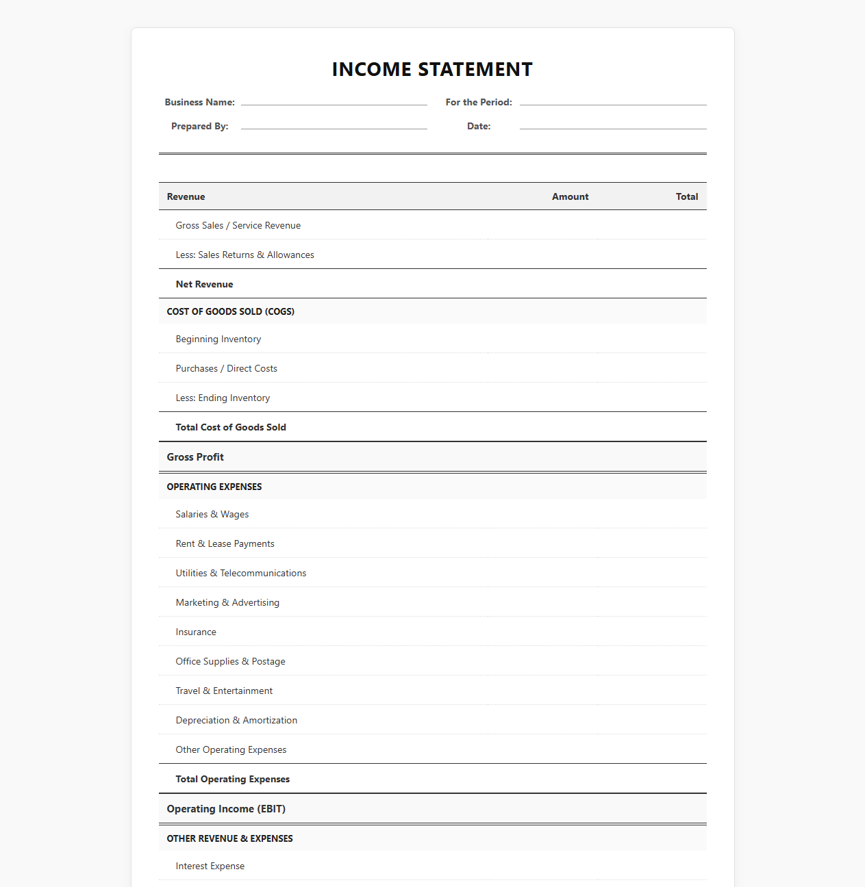 Business Income Statement Template