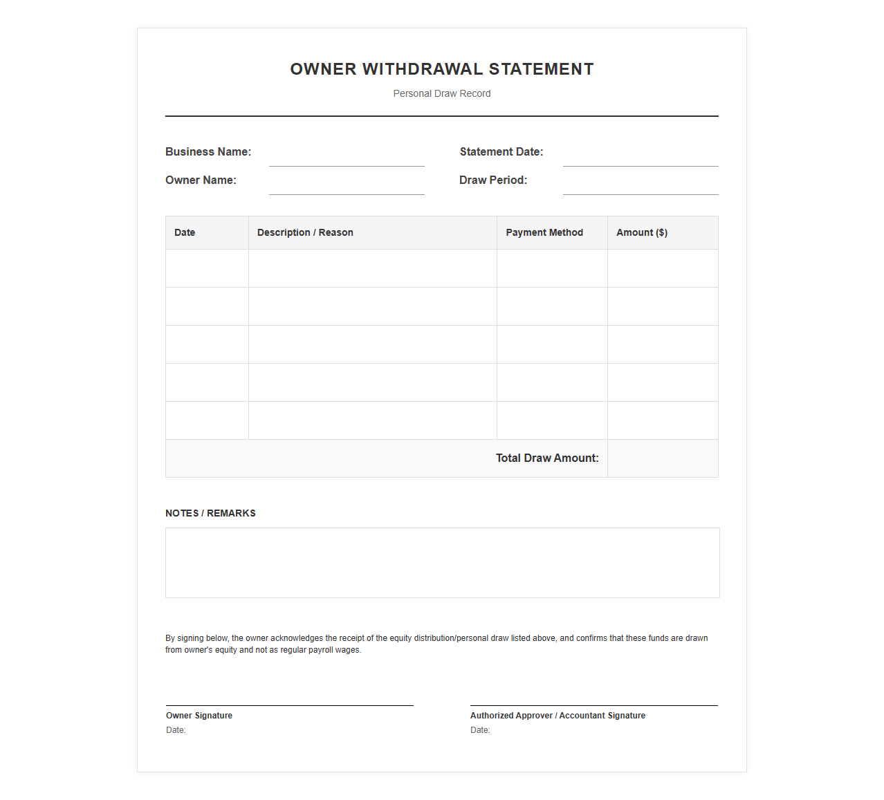 Business Owner Personal Draw Statement