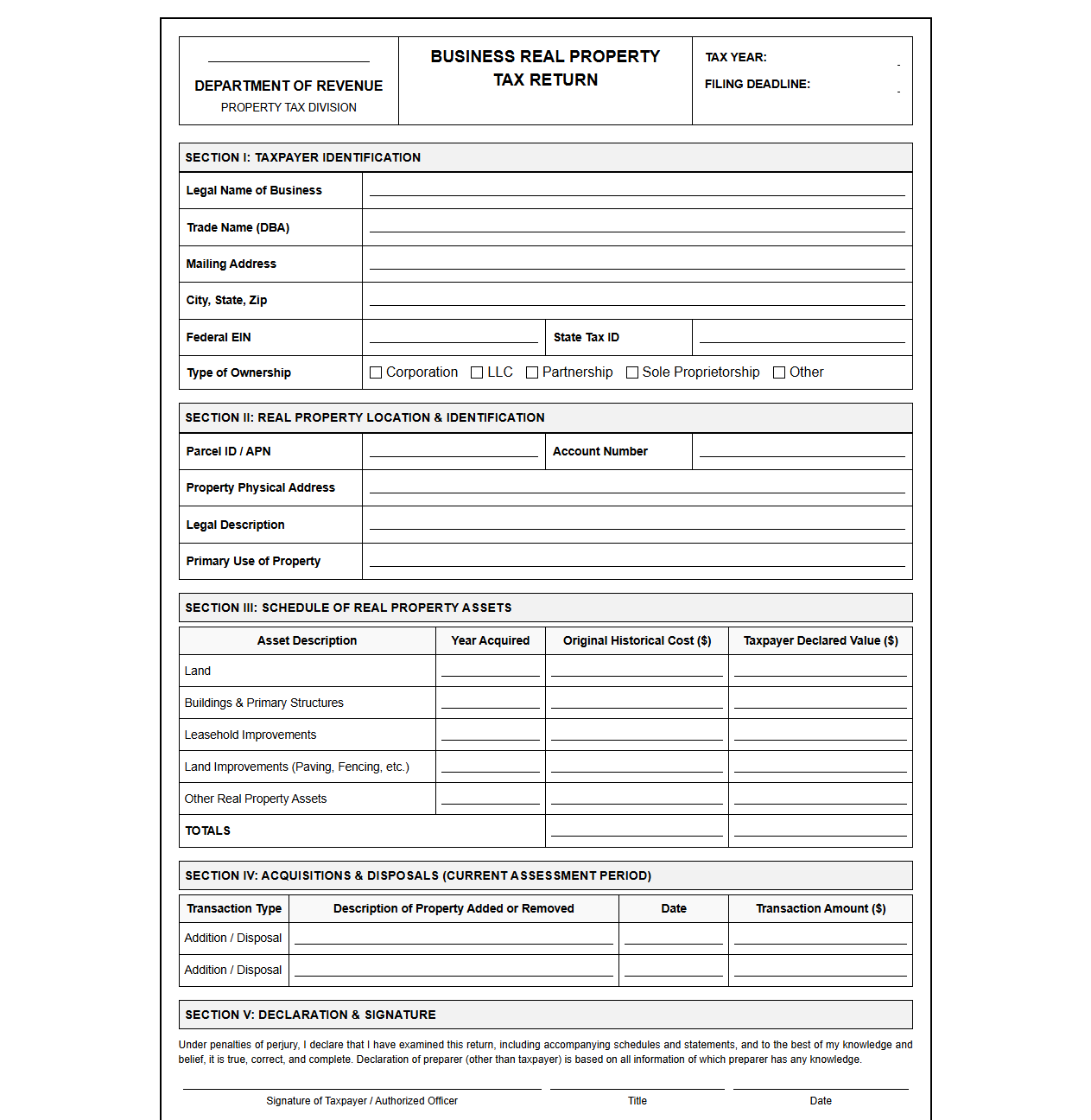Business Real Property Tax Return Template