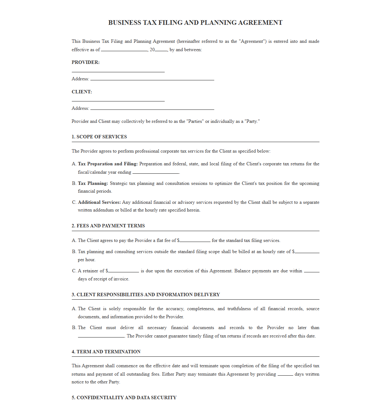 Business Tax Filing and Planning Agreement