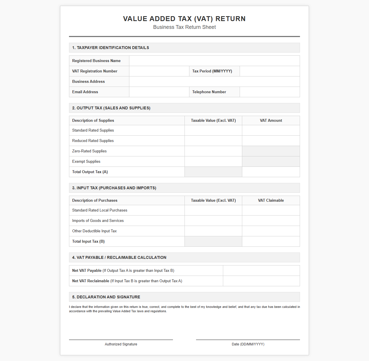 Business Value Added Tax Return Sheet