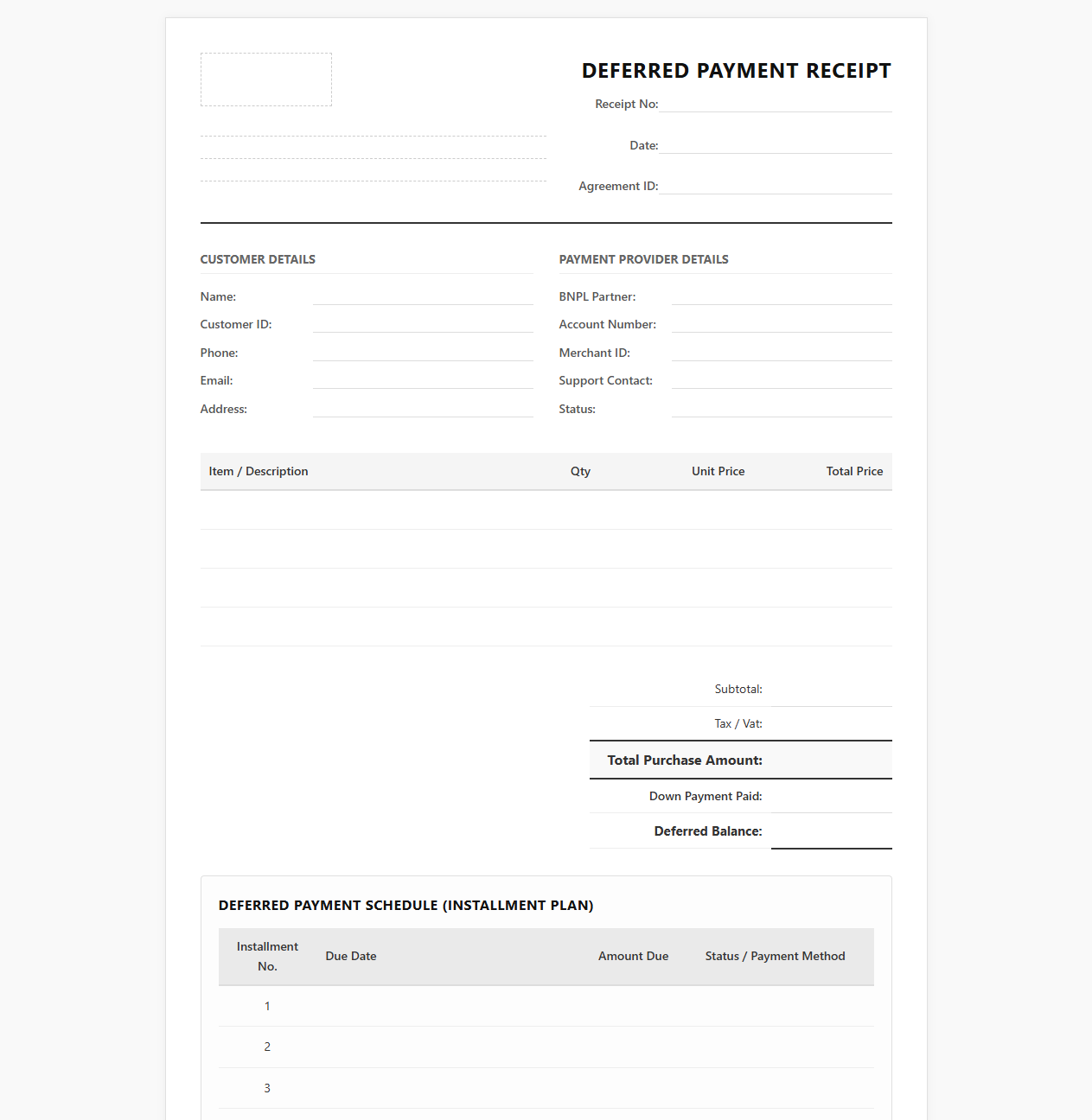 Buy Now Pay Later Deferred Payment Receipt