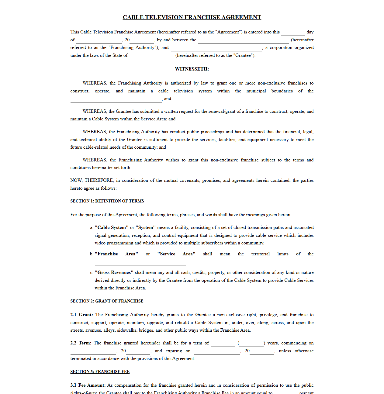 Cable Television Franchise Agreement
