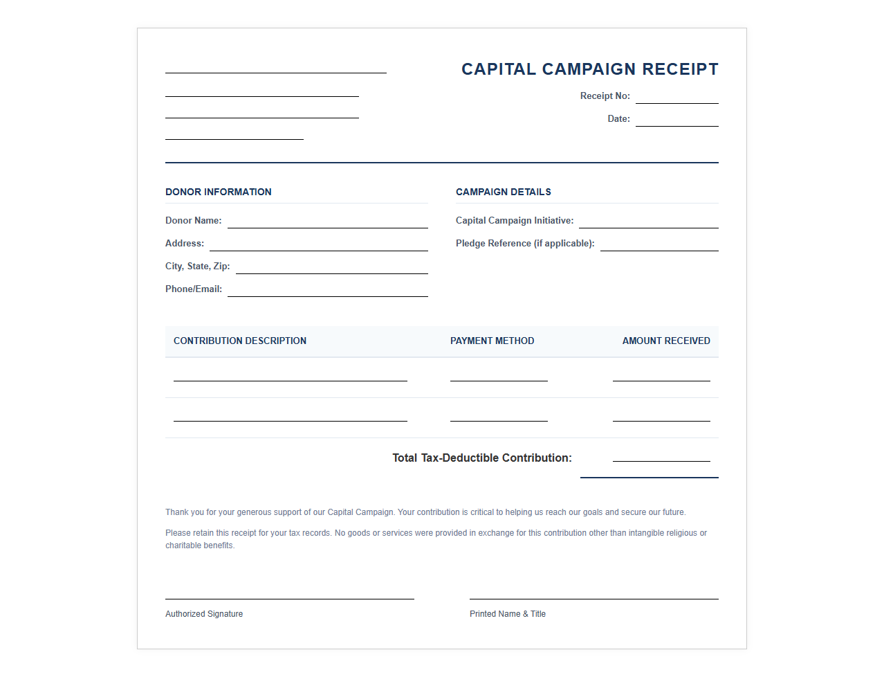Capital Campaign Contribution Receipt Template