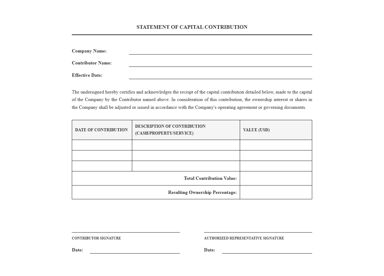 Capital Contribution Statement Template