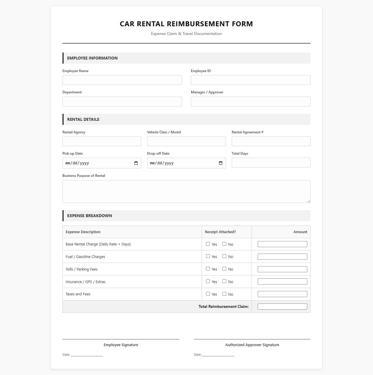 Car Rental Reimbursement Form