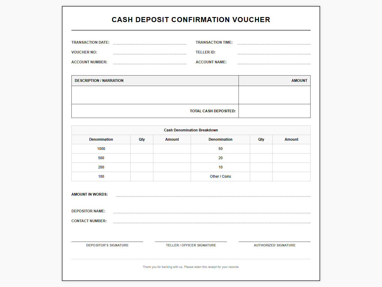 Cash Deposit Confirmation Voucher