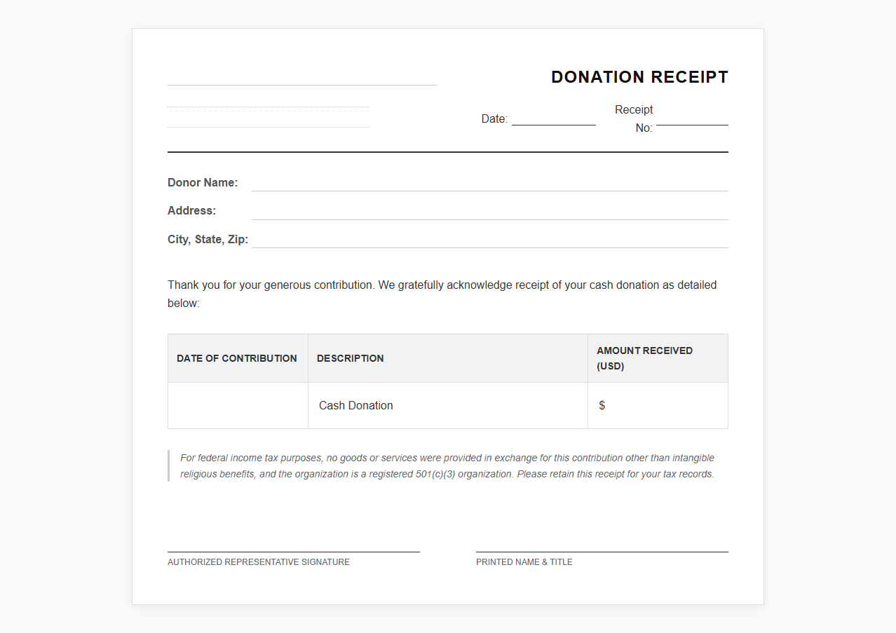 Cash Donation Acknowledgment Letter Template