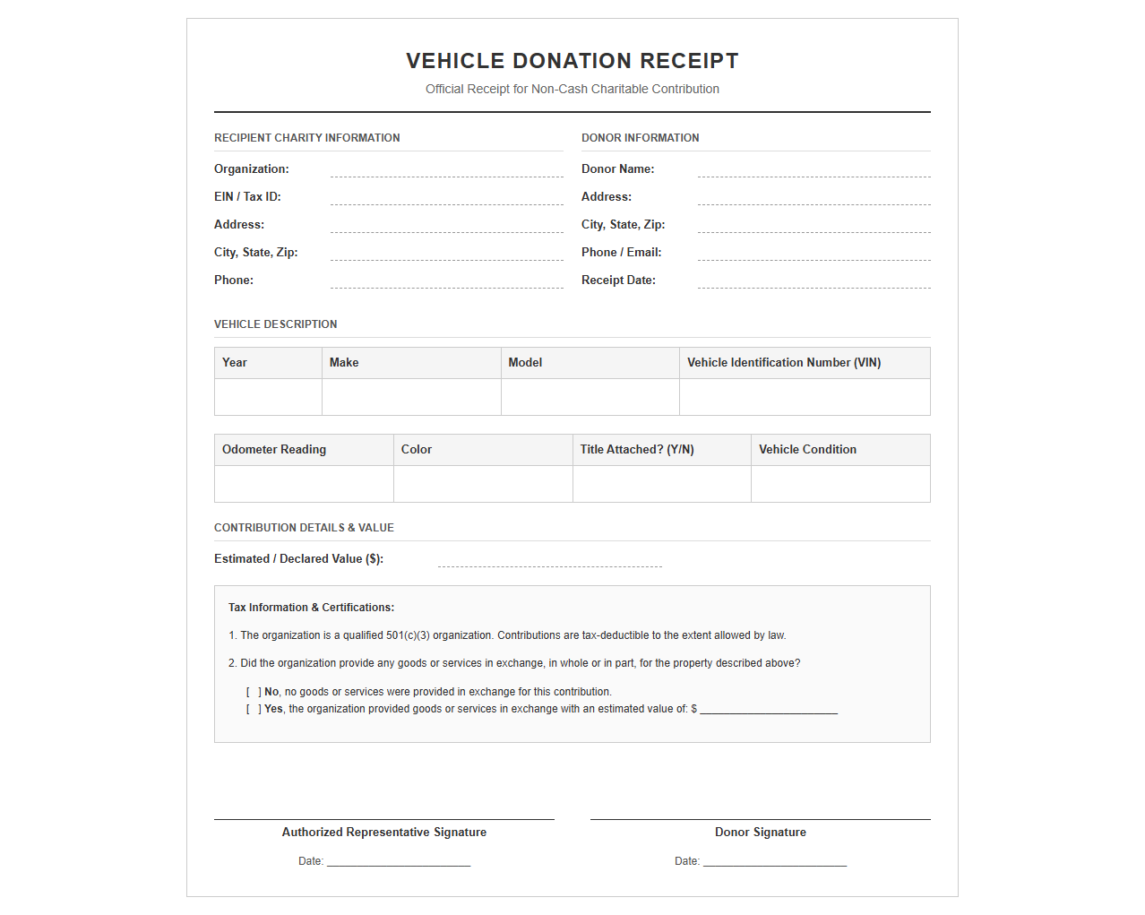 Charity Vehicle Donation Receipt Template