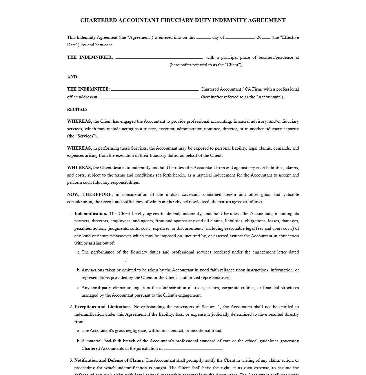 Chartered Accountant Fiduciary Duty Indemnity Agreement
