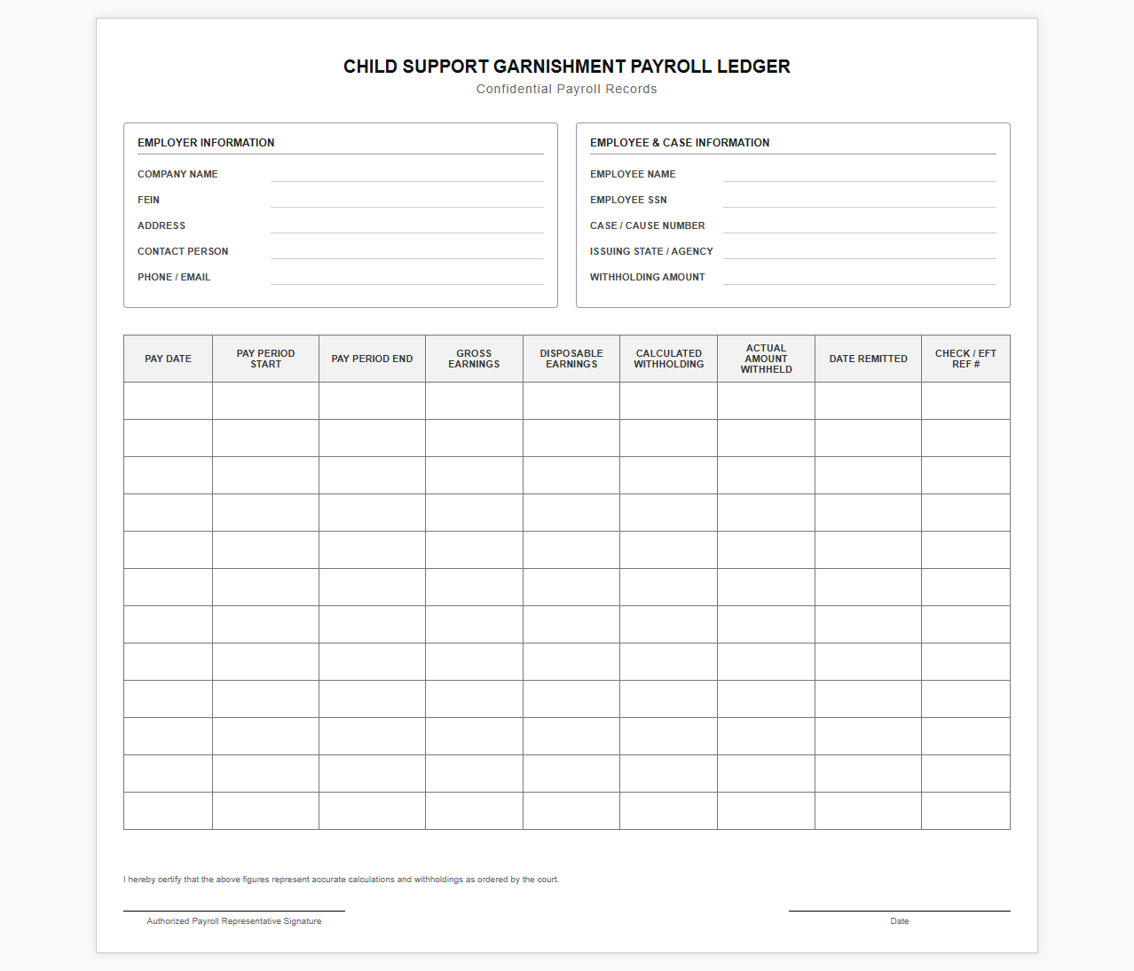Child Support Garnishment Payroll Ledger