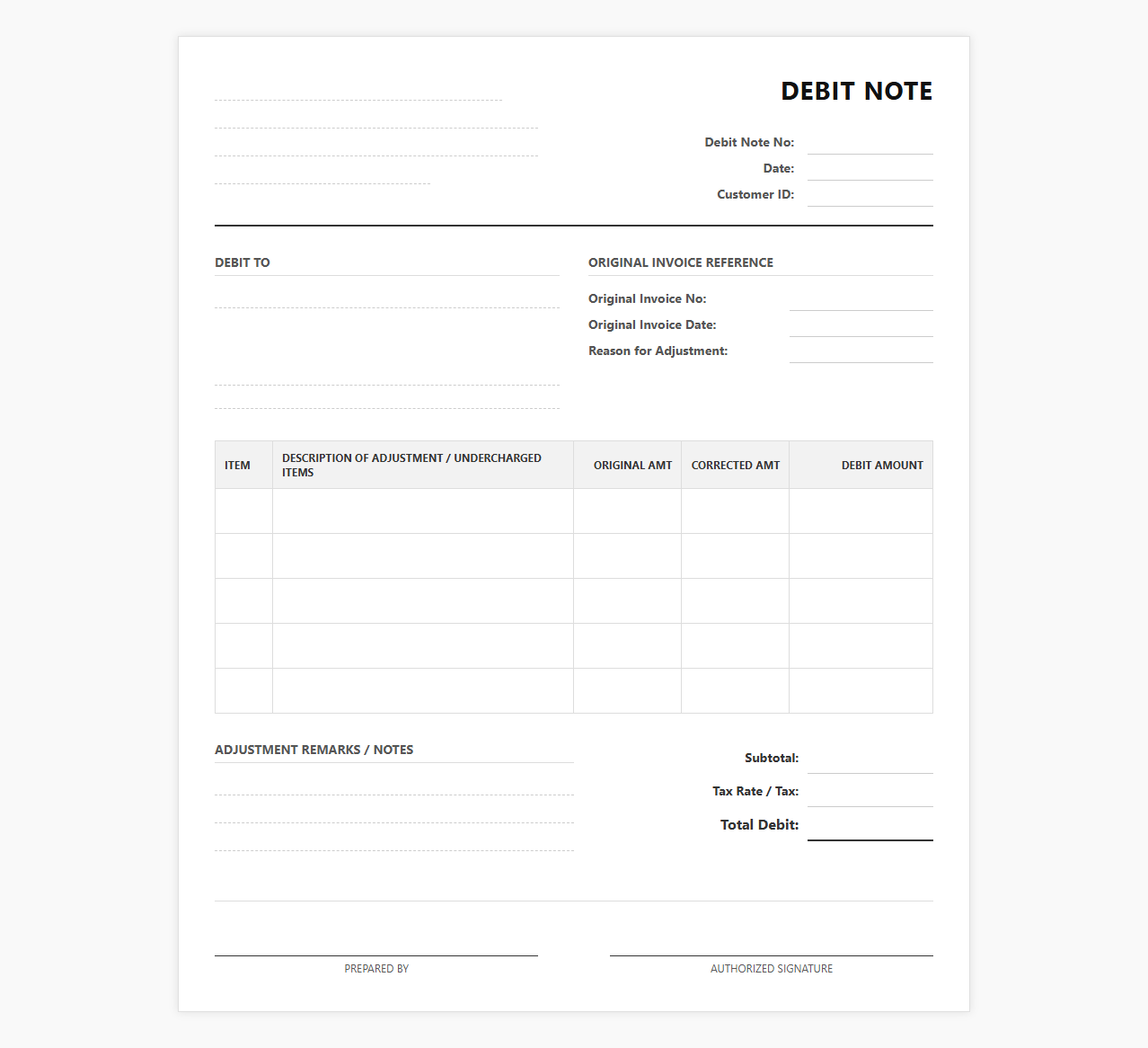 Client Debit Invoice Adjustment Template