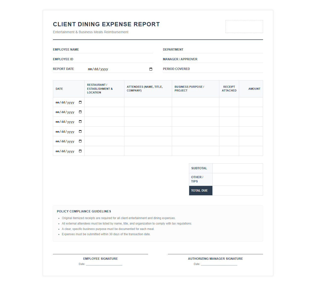 Client Dining Expense Report Template