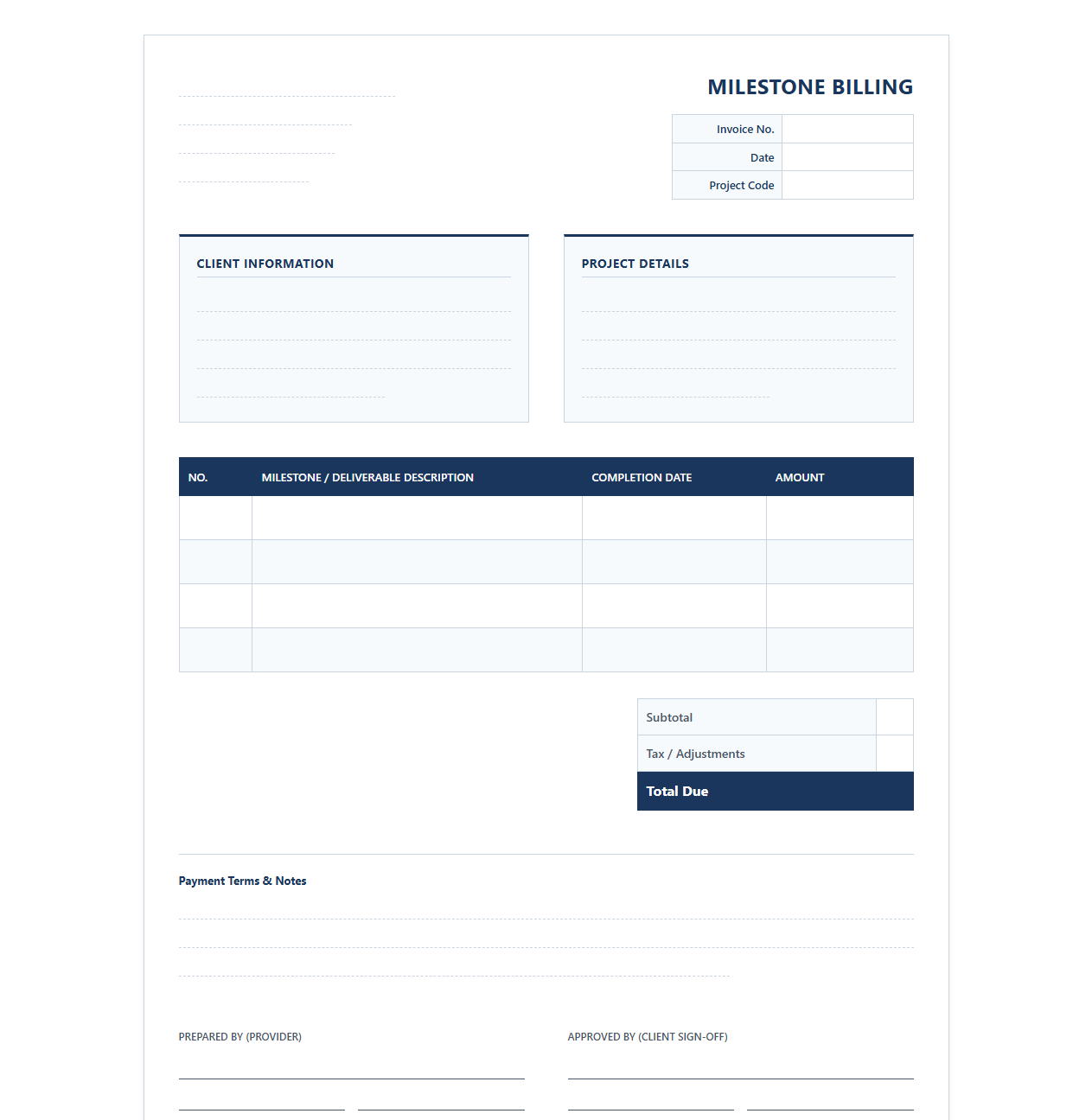 Client Milestone Deliverable Billing Form