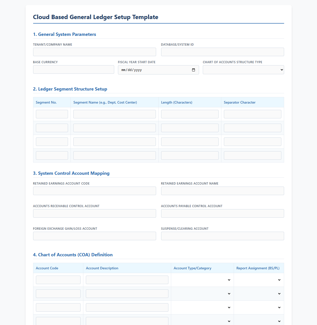 Cloud Based General Ledger Setup Template