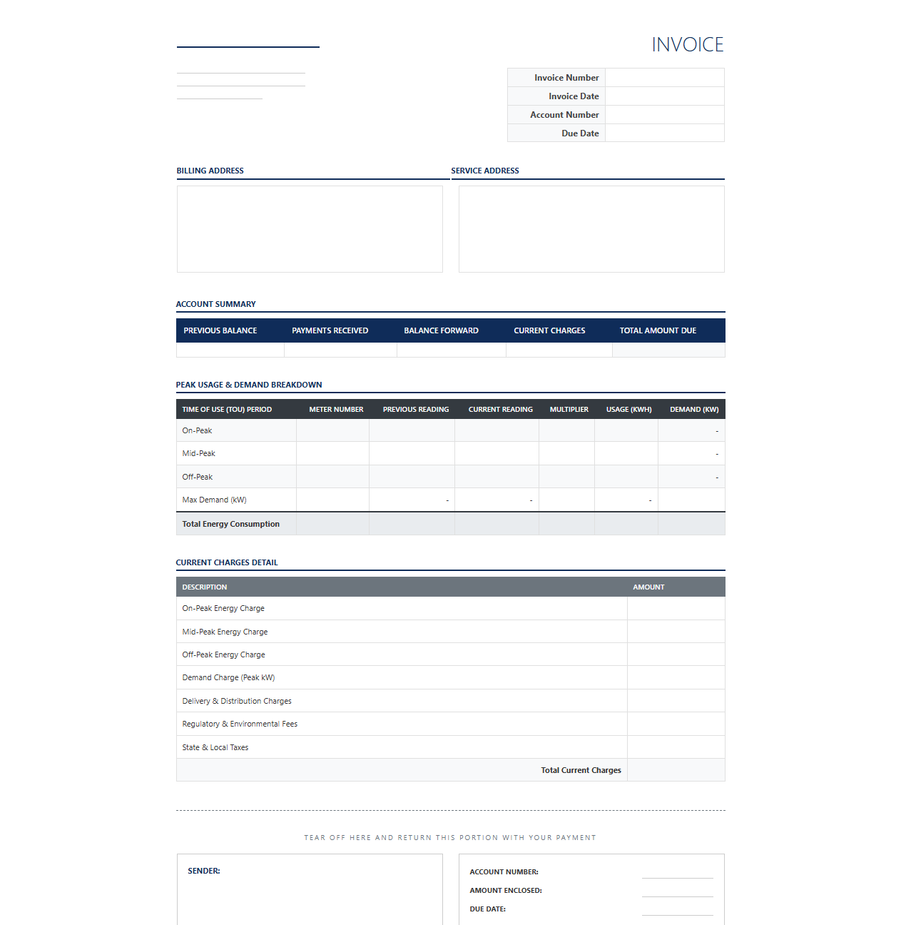 Commercial Energy Invoice with Peak Usage Breakdown