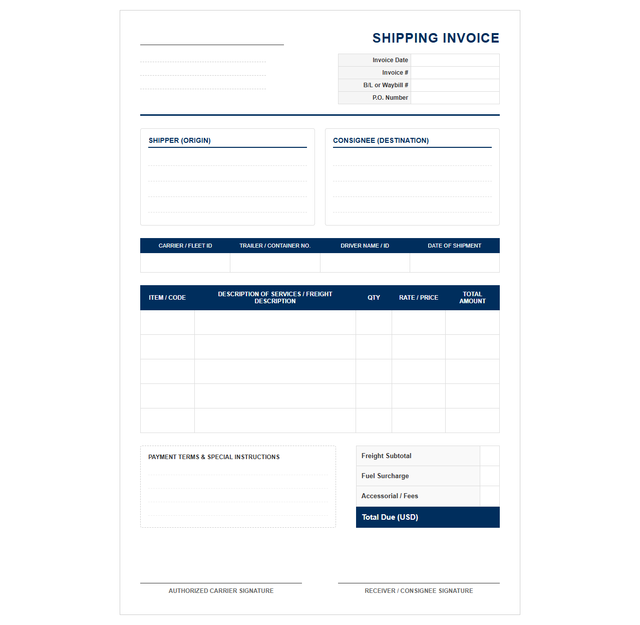 Commercial Fleet Shipping Invoice