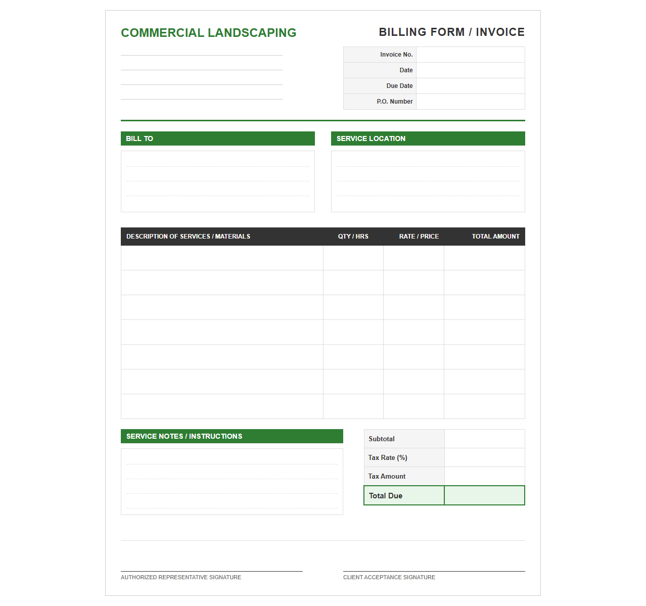 Commercial Landscaping Services Billing Form