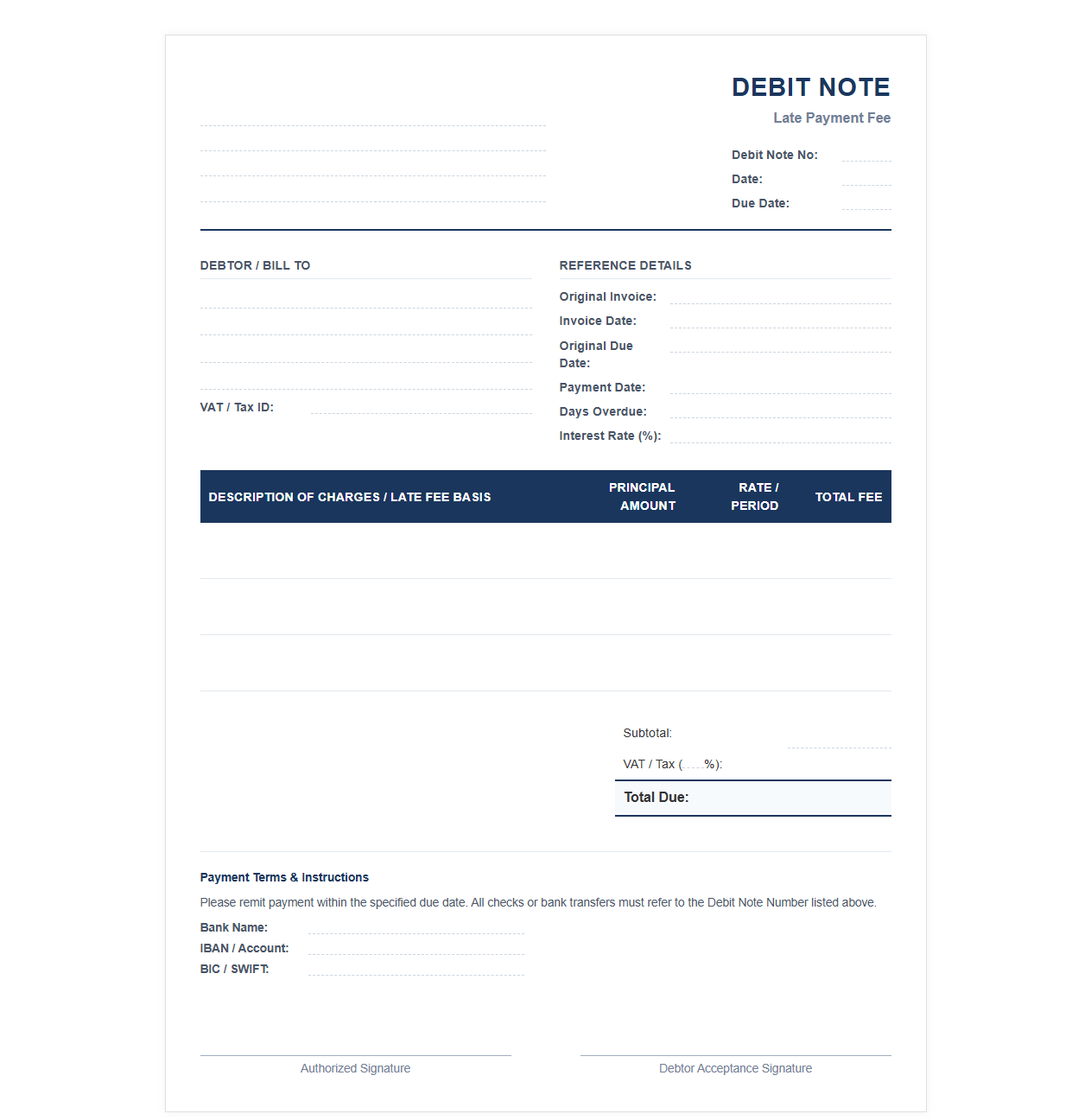 Commercial Late Payment Fee Debit Invoice
