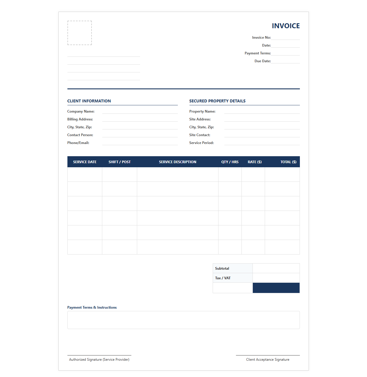 Commercial Property Security Services Invoice Template