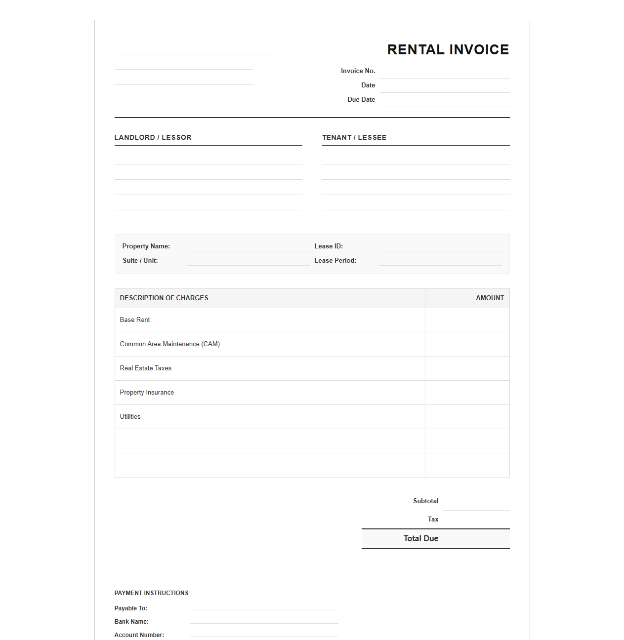 Commercial Real Estate Rental Invoice