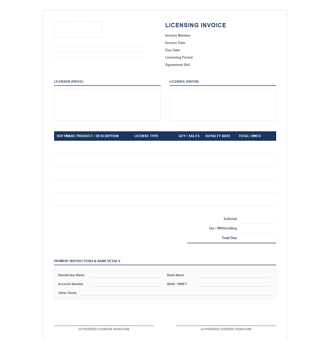 Commercial Software Royalty and Licensing Invoice