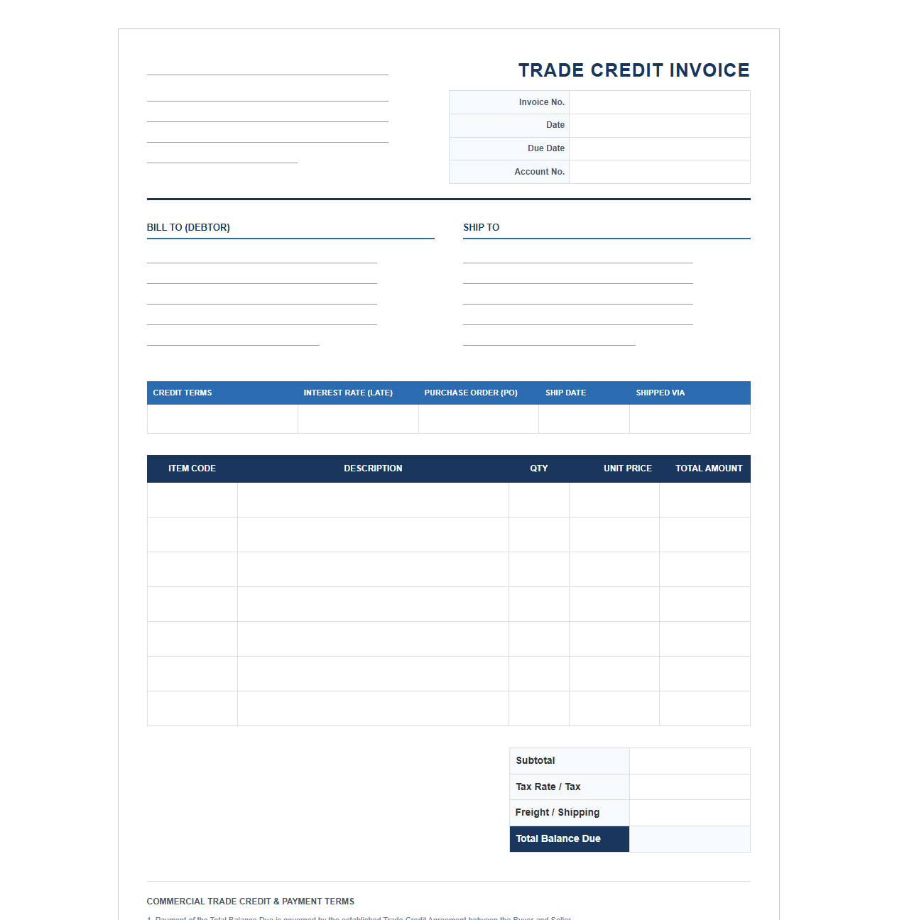 Commercial Trade Credit Invoice Template