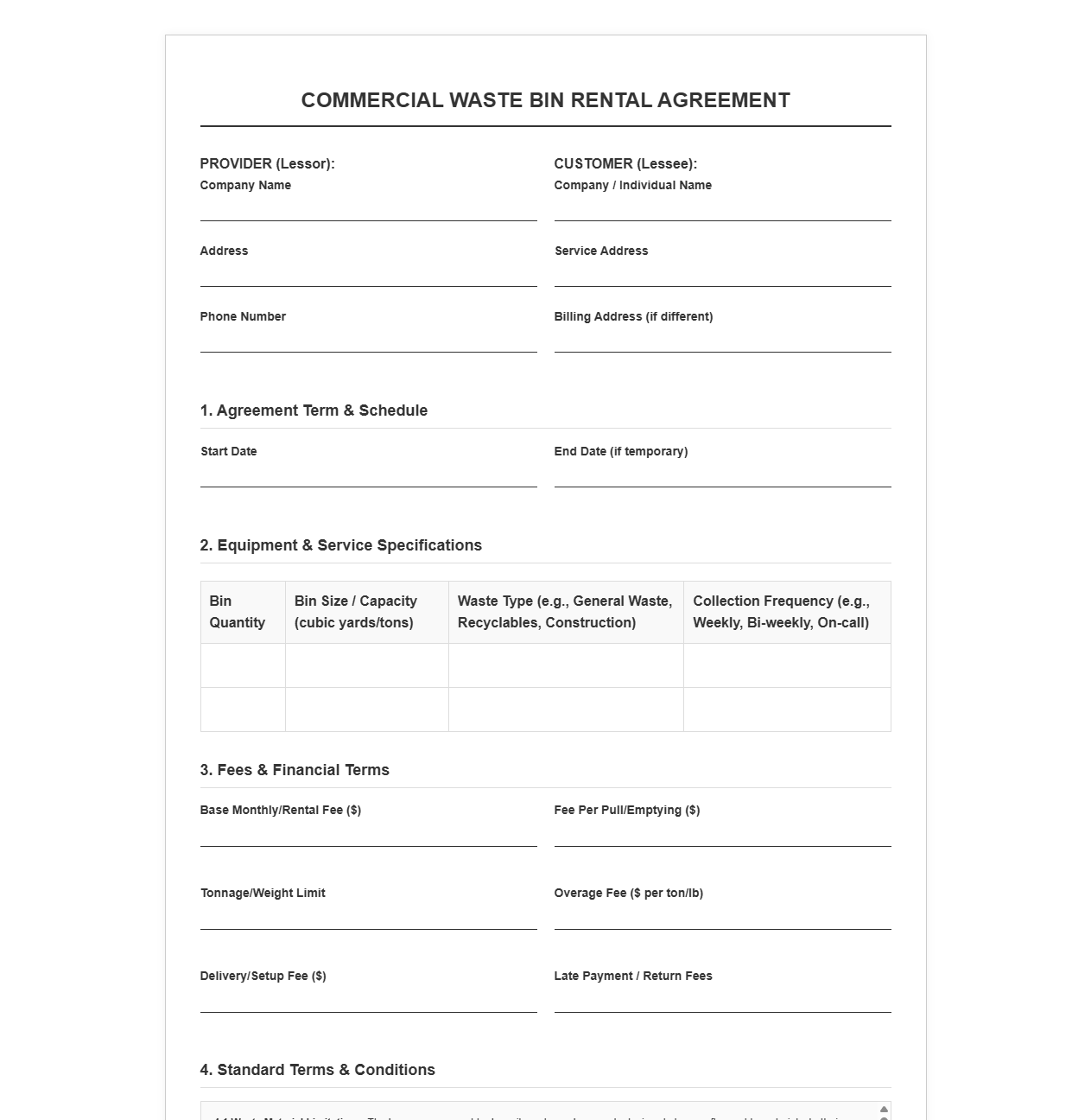 Commercial Waste Bin Rental Agreement