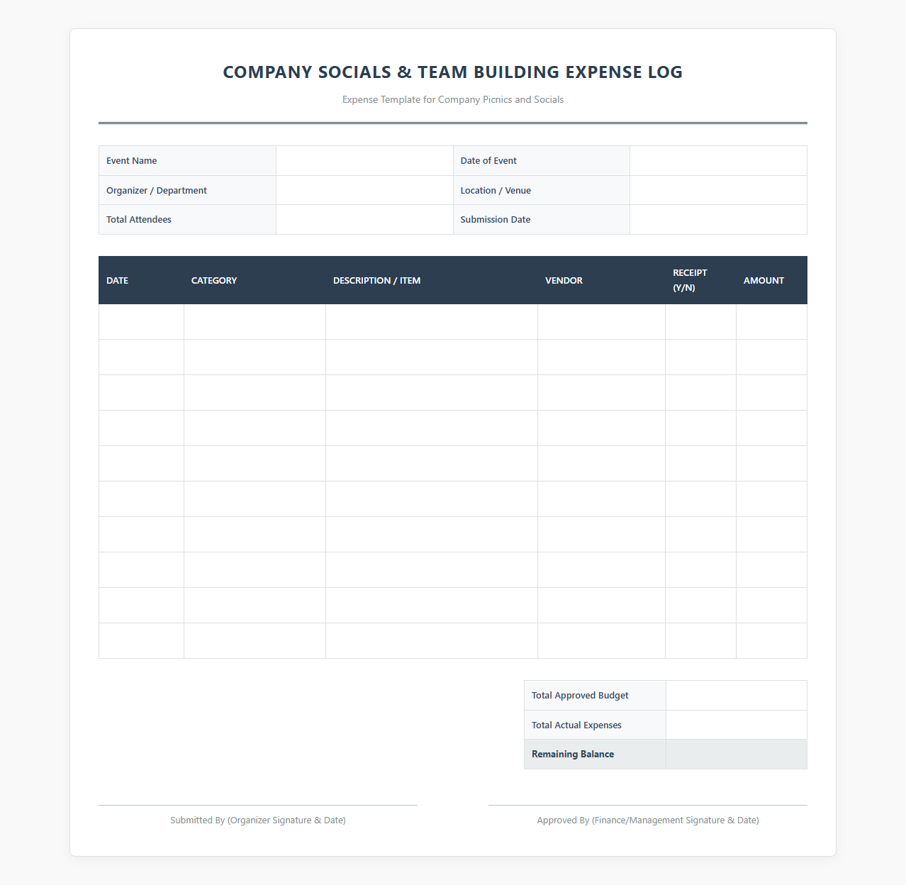 Company Socials and Team Building Expense Log
