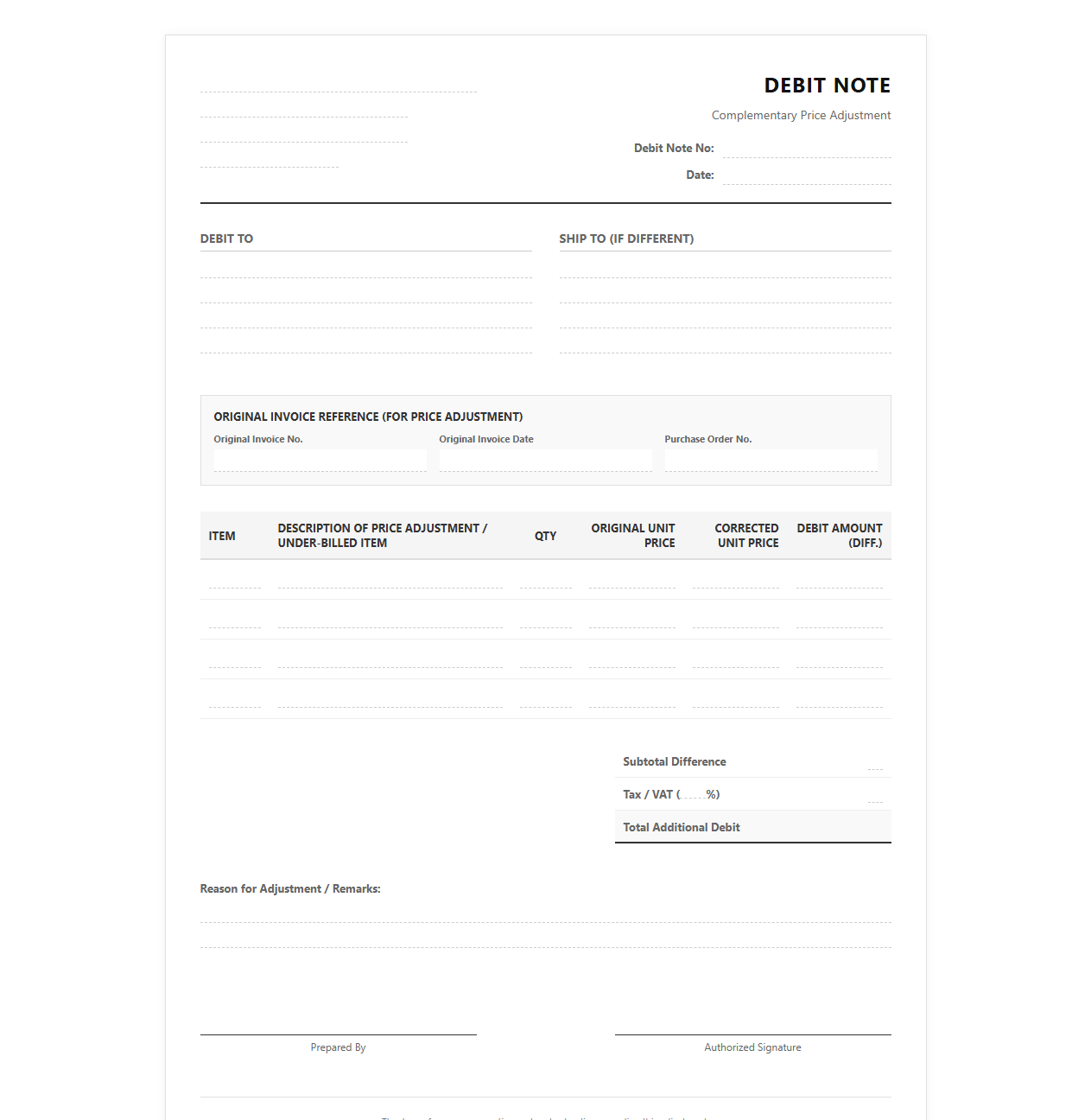 Complementary Debit Note for Price Adjustments