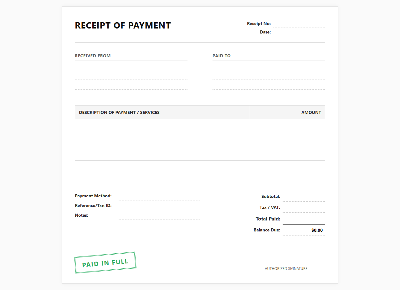 Completed Payment Receipt Document