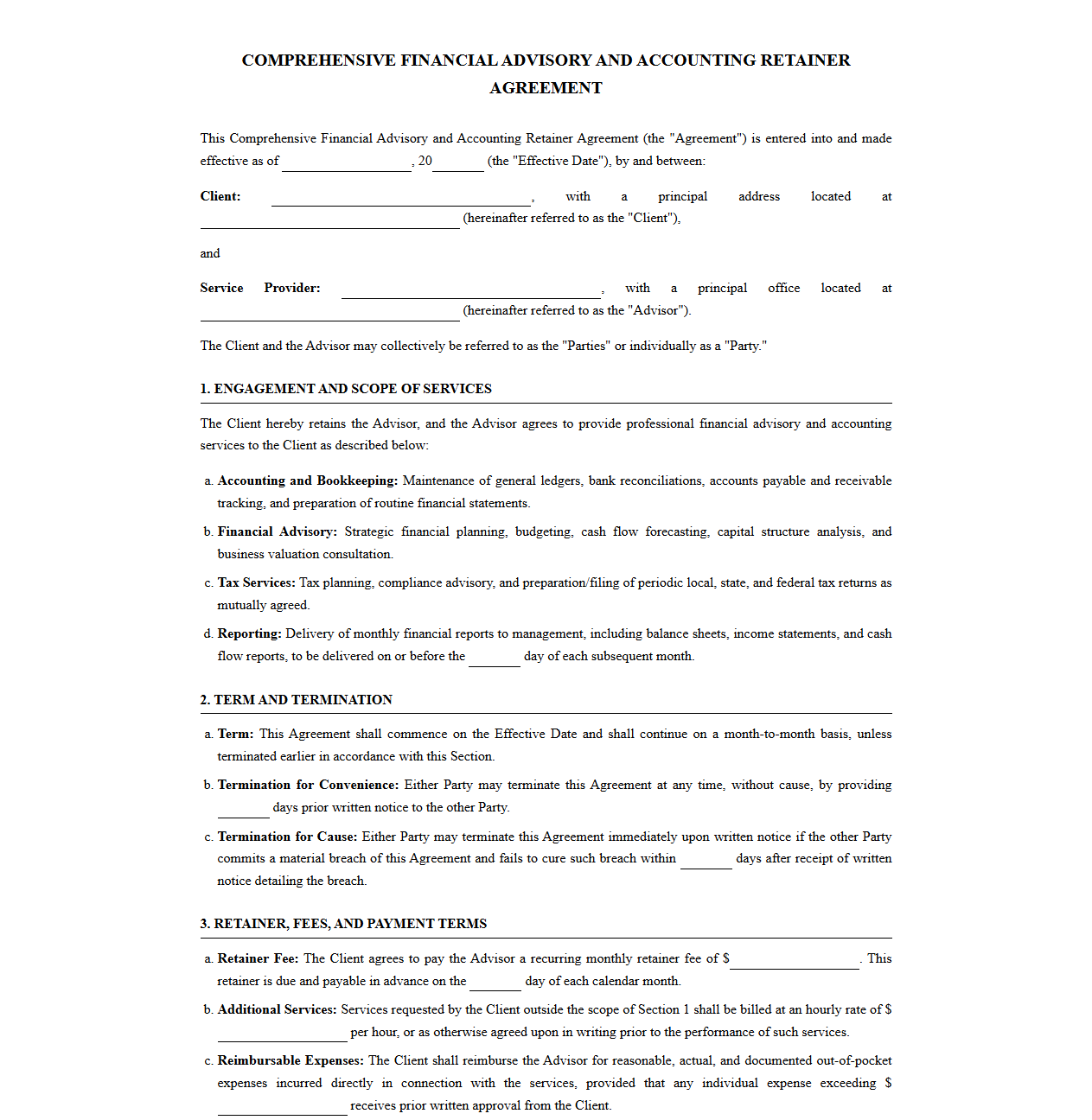 Comprehensive Financial Advisory and Accounting Retainer Agreement