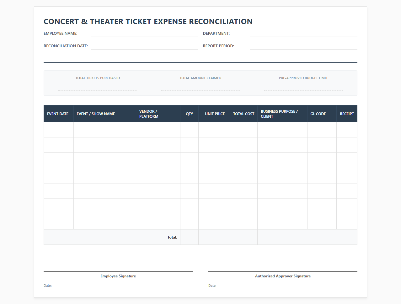 Concert Ticket Expense Reconciliation Sheet