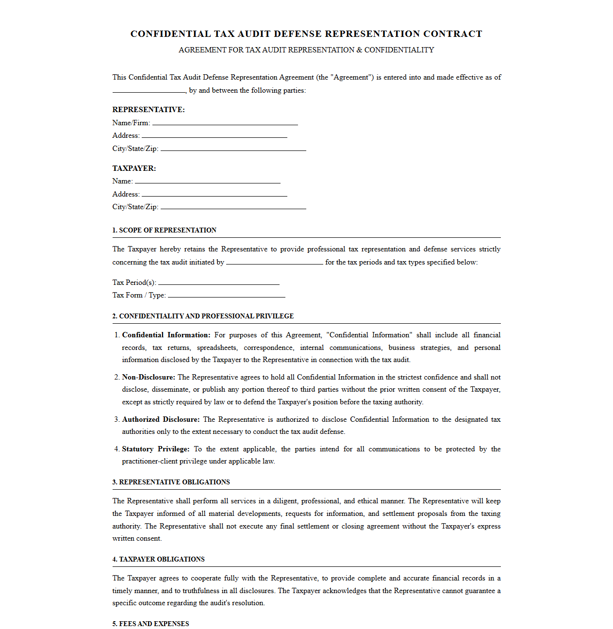 Confidential Tax Audit Defense Representation Contract