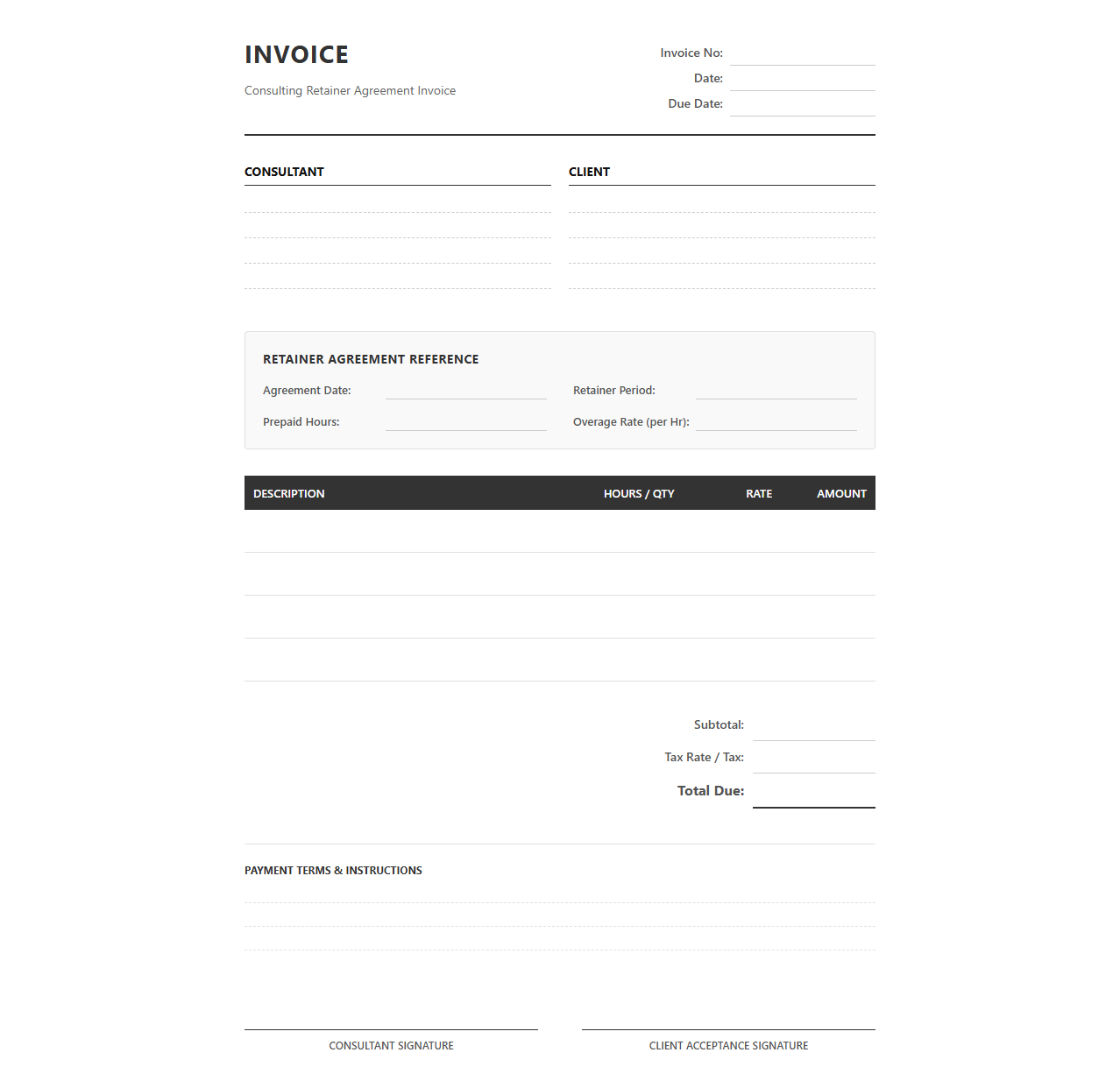 Consulting Retainer Agreement Invoice