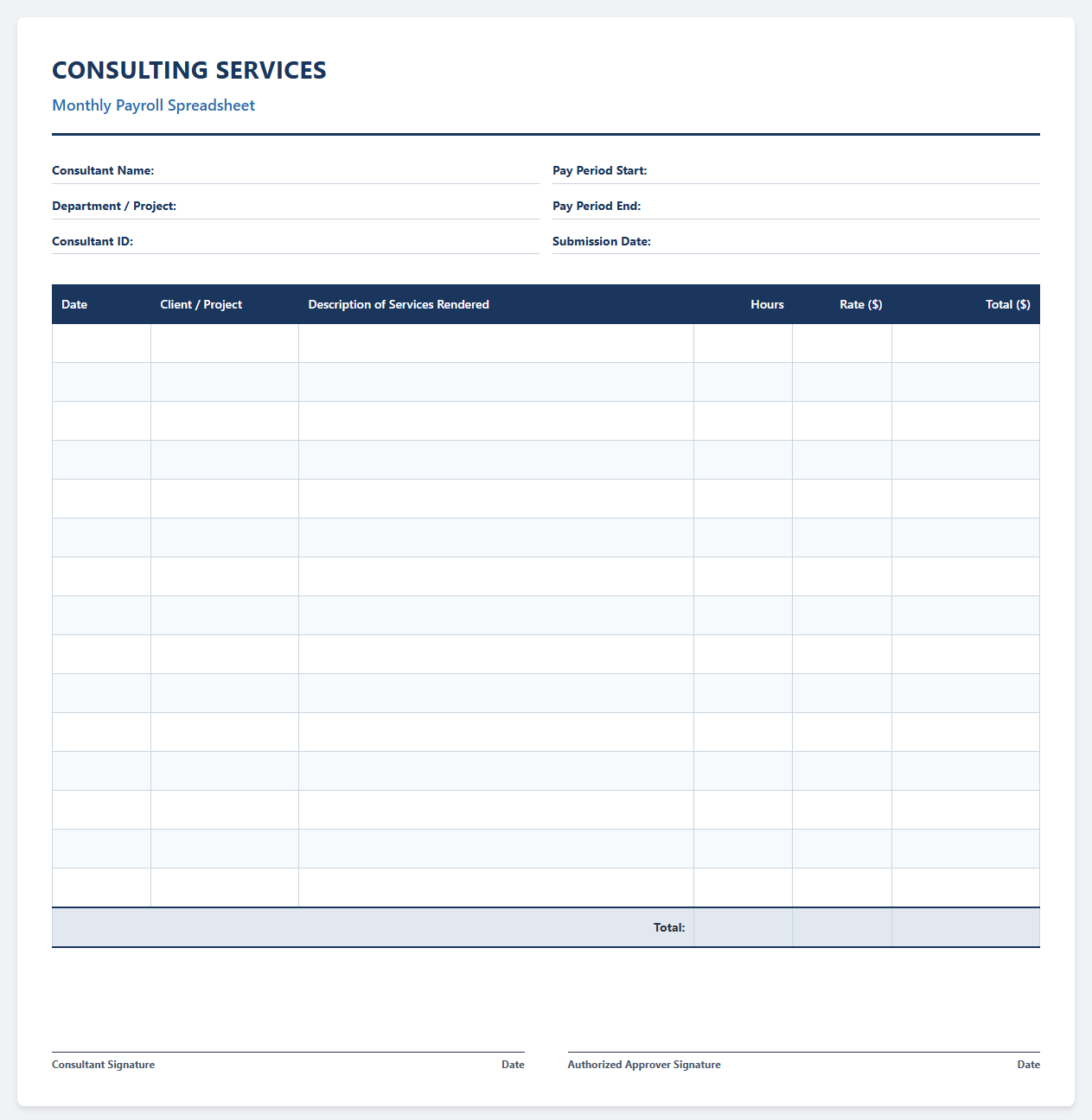 Consulting Services Monthly Payroll Spreadsheet