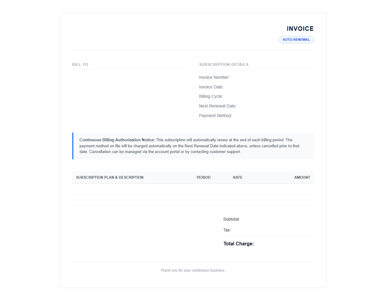 Continuous Billing Auto Renewal Invoice Template