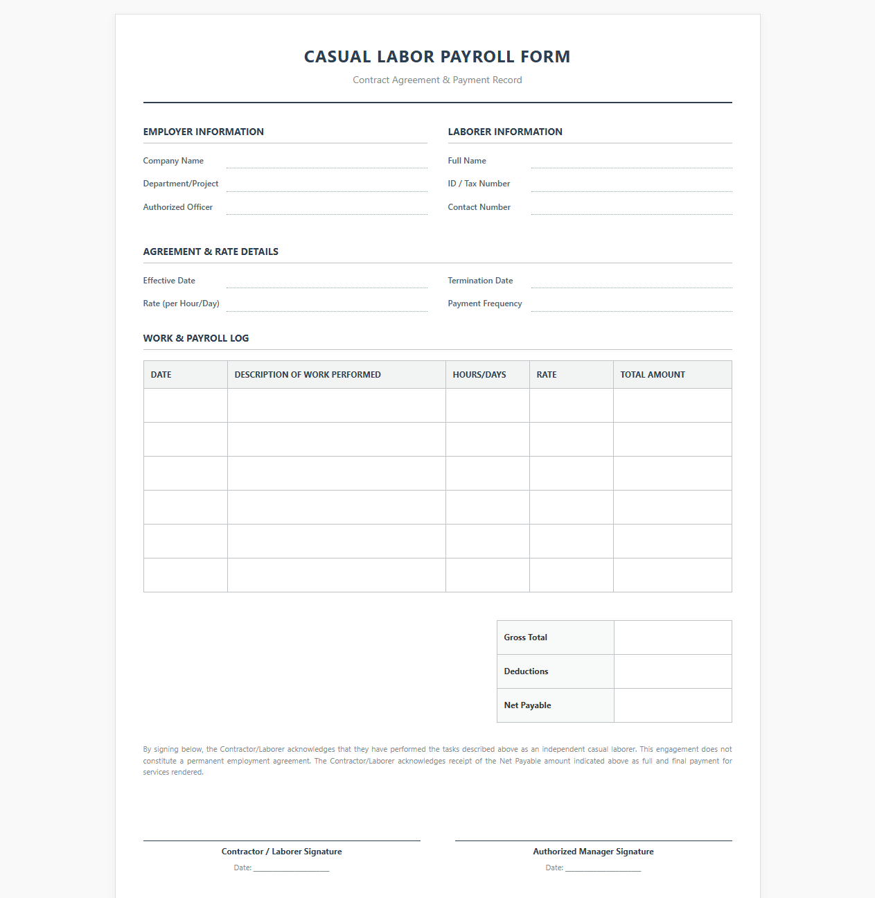 Contract and Casual Labor Payroll Form
